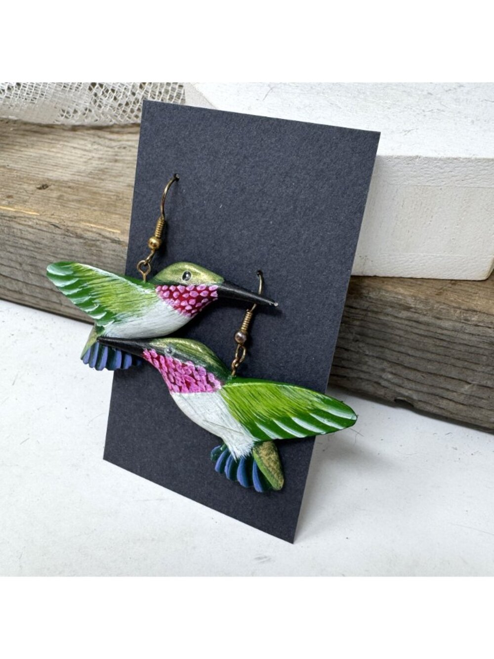 Hummingbird Hand Painted Wood Earrings Pierced French Wires - Picture 2 of 6